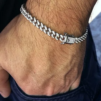 Men's Miami Cuban Bracelet 925  Silver Iced Flooded Out CZ Micro Pave 8  X 6 MM • $99.95