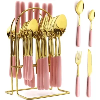 Silverware Cutlery Set 24 Pc Stainless Steel Gold Plated Flatware Gift Box • $35