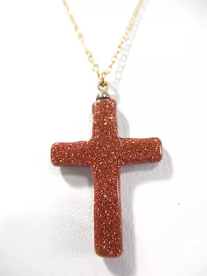 Vintage Goldstone Cross Crucifix Pendant Necklace • $18