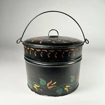 Vintage Hand Painted Tin Pail-bucket With Lid Toleware Tinware Black Floral • $10.45