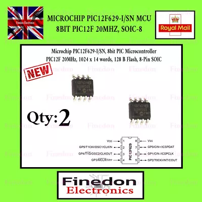 2 Qty Microchip PIC12F629-I/SN MCU 8BIT PIC12F 20MHZ SOIC-8 UK Seller • £4.78