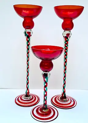 3 Tall Red Green Clear Handblown Polish Crystal Art Glass Candle Stick Holders • $175