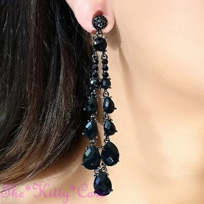 Vintage Deco Dramatic Jet Black Chandelier Drop Earrings W/ Swarovski Crystals • £18.99