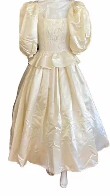 Vtg 80s Jessica McClintock Gown~ Lacy Satin Puff Sleeves Wide Skirt & Petticoat • $169.94