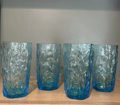 $34 • Buy 4 Morgantown Seneca Driftwood Glass Peacock Blue Crinkle Ice Tea/Water Tumblers