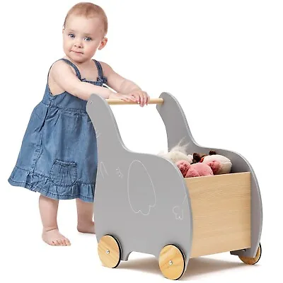 £35.99 • Buy Wooden Baby Walker 2 In 1 Kids Push Along Toy Cart With Storage Chest 4 Wheels