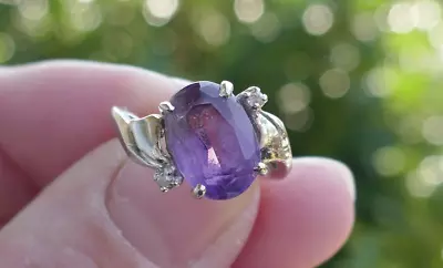 Vintage 14kt White Gold Amethyst & Diamond Accent Ring - Size 5 • $295