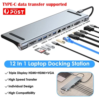 $69.34 • Buy 12 In 1 Laptop Docking Station Type-C HUB PD100W HDMI HD 4K USB 3.0 VGA PD SD/TF