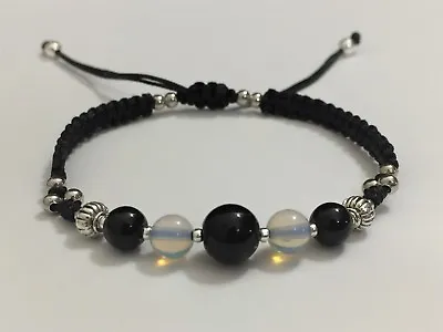 Unisex Fashion Sri Lanka Moonstone & Onyx Braided Adjustable Shamballa Bracelet • $11.49