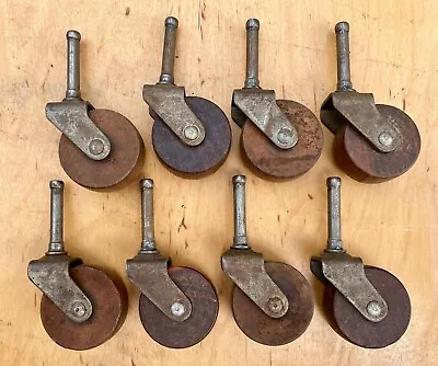 $25 • Buy Set 8 Antique Wood Casters Wooden Wheel Swivel Vintage 1 1/2  Stem 3.5  Total