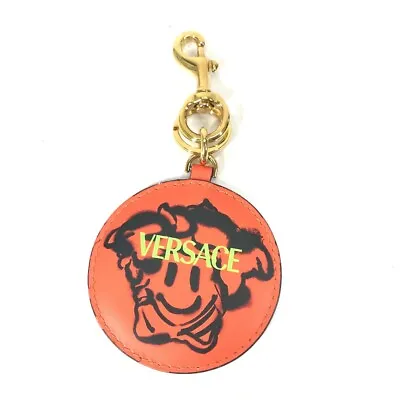 VERSACE Logo Round Bag Charm Key Holder Leather Orange Unused • $168