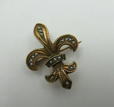 Antique 14K Solid Gold Edwardian Fleur De Lis Seed Pearl Watch Pin/ Locket Pin • $224.99