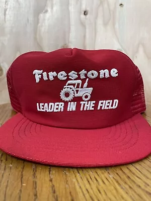 VINTAGE Trucker Hat Cap Snap Back FIRESTONE TIRE Red Tractor IH Puff Mesh • $30