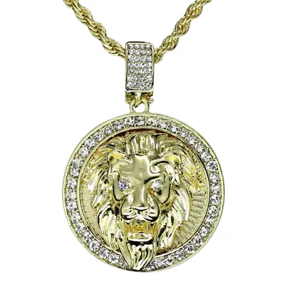 Mighty Lion Mens Iced Cz Round Pendant 24  Chain 14k Gold Plated Hip Hop Jewelry • $9.75