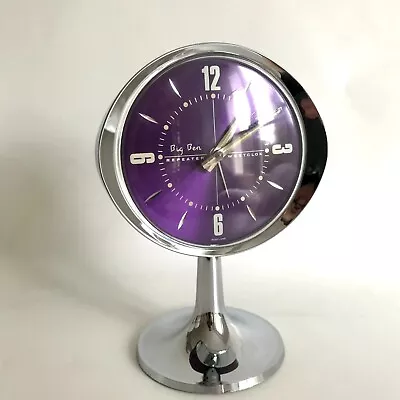 Vintage WESTCLOX Big Ben REPEATER Alarm Clock Chrome Purple Face 1970's Wind Up • £30