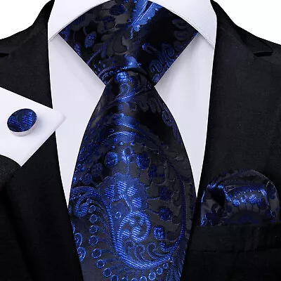 Mens Necktie Black Blue Paisley Silk Tie Set Pocket Square Cufflinks Wedding New • £10.59