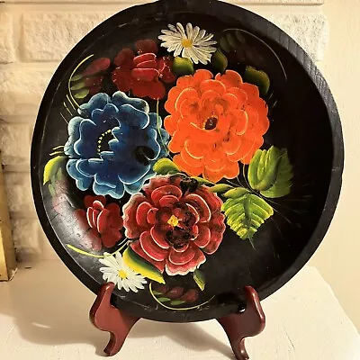 Black Floral Batea Bowl Vintage Hand Painted Mexican Folk Art Wood Tole Tray 13” • $25