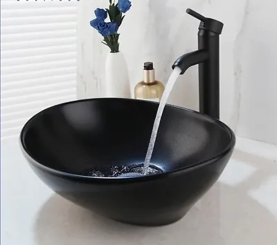 Matte Black Bowl Oval Washbasin Handpainted Lavatory With Brass Faucet Mixer Tap • £468.89