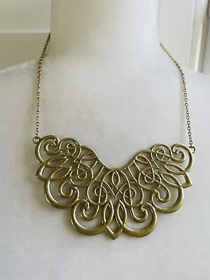 Vintage Brushed Gold Tone Fantastic Decorative Bib Necklace  • $15