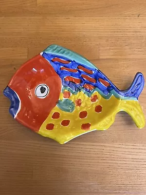 La Musa Hand Painted Italian Fish Plate; Red Blue And Yellow   10  X 7  • $23.99