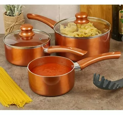 3 PCS URBN-CHEF Ceramic Copper Induction Cooking Pots Lid Saucepans Cookware Set • £26.99