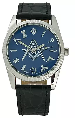 Masonic Freemason Square And Compass Silver Quartz Black Leather Wrist Watch • £18.95