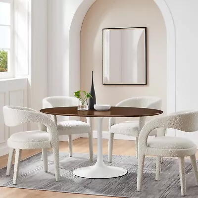 Modway Mid-Century Modern 60  Oval Walnut Wood Top Metal Pedestal Dining Table • $905.49