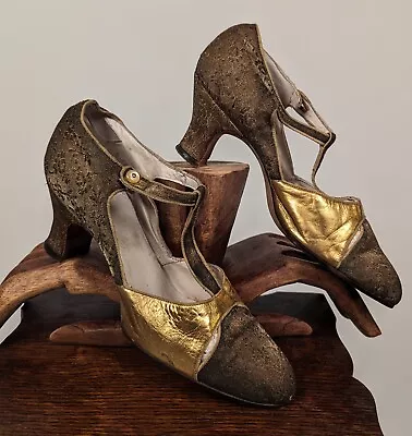 Flapper 1920’s Metallic Gold Lame Brocade + Gold Leather High Heel Shoes • $256.37