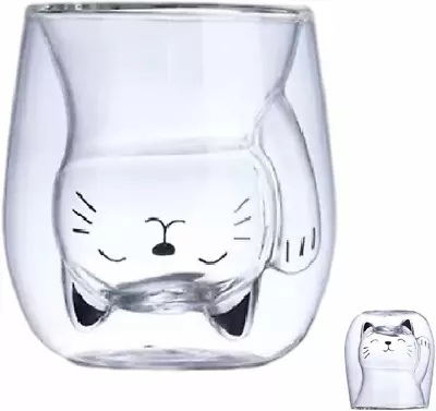 Cute Mug Cat Tea Double Wall Glass Coffee Mugs Espresso Shot Glass Milk Mug (2 • $15.88