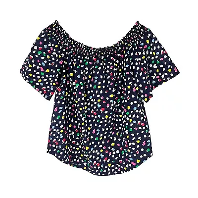 J Crew Blouse Womens Size 00 Navy  Ratti Cat Print Cotton Off Shoulder Shirt • $14.99