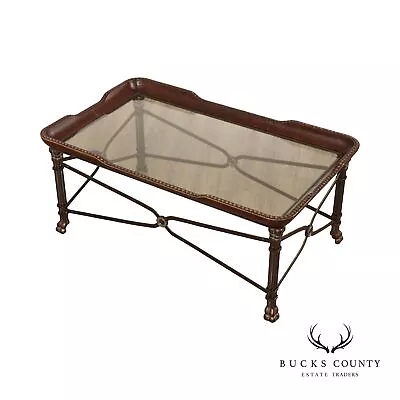 Maitland Smith Regency Style Leather Wrapped Glass Top Coffee Table • $895