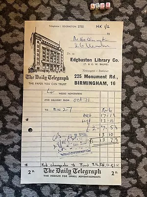 Vintage The Daily Telegraph Advertisement Receipt Edgbaston Birmingham Library • $16.15