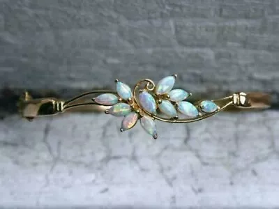 Women's Vintage Bangle Bracelet Marquise Lab Created Opal 14K Gold Plated Silver • $138.59