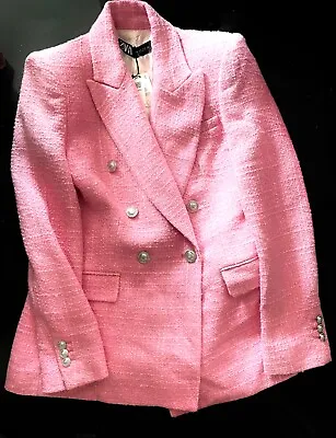 $25.90 • Buy Bnwt Zara Candy Pink Tweed Silver Button Blazer Jacket Size Small S 8 10