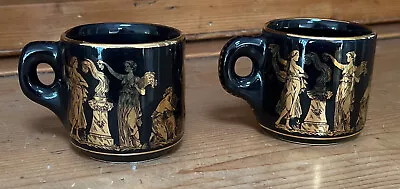 Pair Handmade In Greece Retro Mugs Est 80's+ DarkBlue W:24kt Gold Pattern Unused • $20