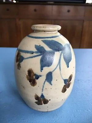 Signed Mystery Studio Pottery Weed Pot Vase Matte Taupe Glaze W/ Floral Vines • $40