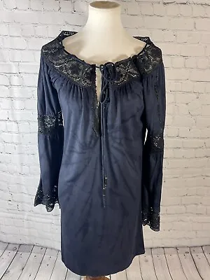 Michelle Jonas Navy Blue Boho Crotchet Trim Dress Long Sleeve Womens Medium  • $30