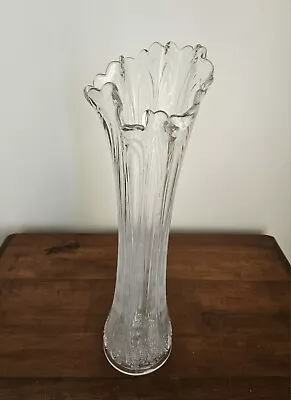 Vintage Midcentury 18  Tall Clear Glass Fluted Ribbed Swung Tulip Vase - 50s 60s • $22.99