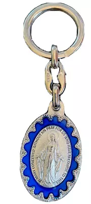 Catholic Miraculous Mary Large Blue Enamel Silver Tone Medal Key Ring Italy • $9.99