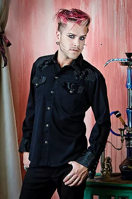 SHRINE GOTH GOTHIC Rocker TAPESTRY COWBOY STEAMPUNK WEDDING VICTORIAN SHIRT  • $109