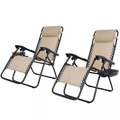 Set Of 2 Zero Gravity Recline Chairs Folding Patio Garden Beach Deck Lounge Tray • $73.58