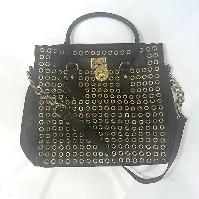 Michael Kors Lg Black Leather Gold Grommet HAMILTON NS MK LOCK Satchel MSRP $448 • $56.97