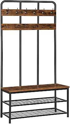 Hall Tree With Bench Entryway Bench With Coat Rack Mud Room Bench With 12 Doub • $126.99