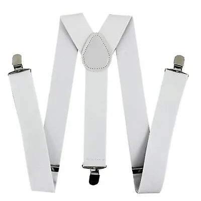 Mens White 35mm Wide Adjustable Braces Elastic Fancy Dress Gangster Accessory • £3.49