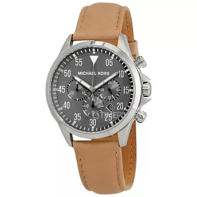 Michael Kors Mk8616 Gage Grey Chronohgraph Dial Brown Leather Band Mens Watch • $109.99
