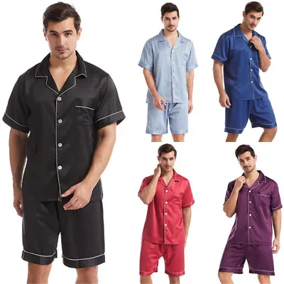 UK Set Mens Satin Silk Pajamas Suit Dressing Gown Summer Pjs Loungewear Pyjama • £14.99