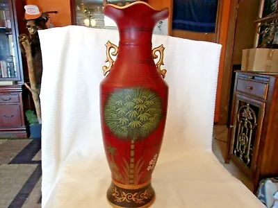 Red Pottery Flower Vase With Palm Trees & Flowers Design 17.75  Tall • $75