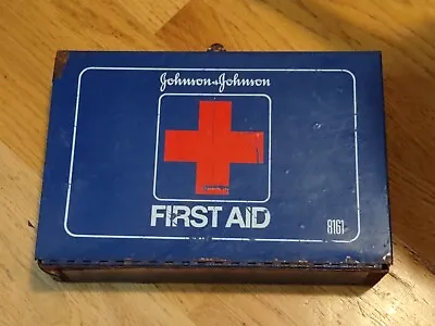 Vintage Wall Mount Johnson & Johnson First Aid Kit Blue Metal Box #8161 Rusty • $12.33