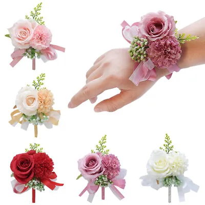 Bride Wrist Flower Bracelet Silk Rose Corsage Bridesmaid Wedding Party Supplies • £2.87