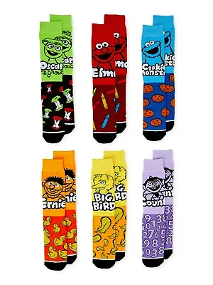 Mens BioWorld Sesame Street Characters Theme Crew Socks 6-Pair Pack Size 8-12 • $17